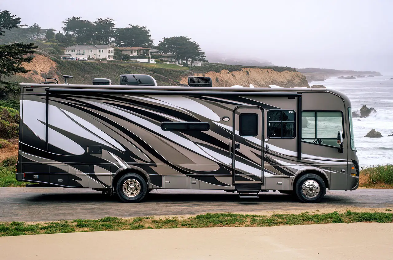 Class A bus parked by the Oceanside Cliffs.