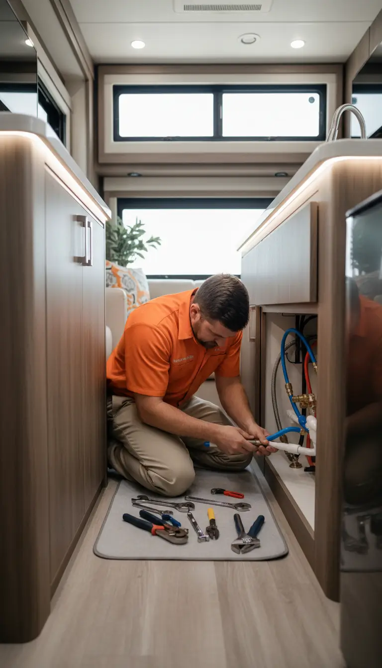 Male mechanic wearing an orange uniform with beige khaki pants inside a class A motorhome.