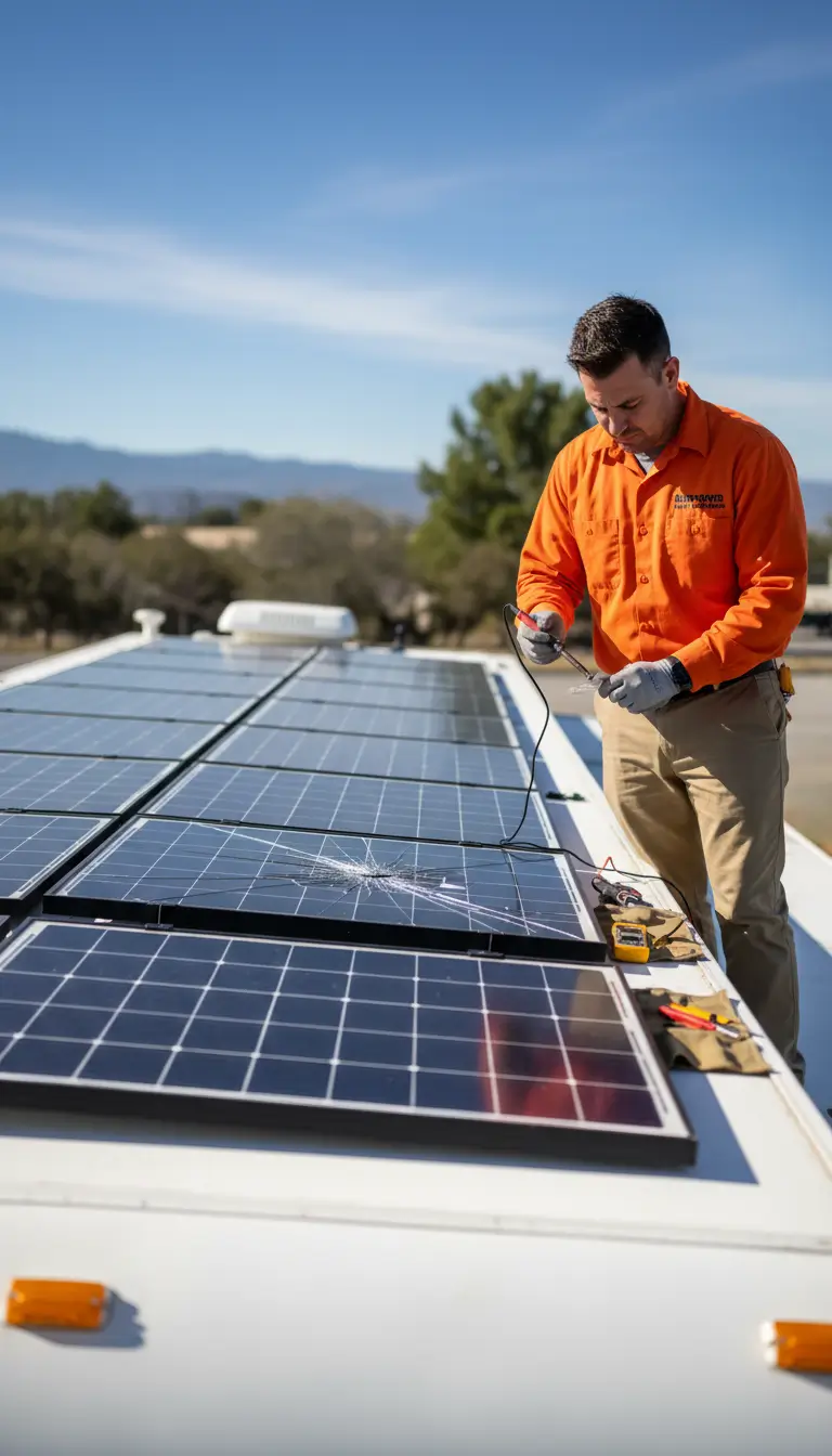 Male mechanic wearing an orange uniform with beige khaki pants standing on top of a class a motorhome's roof.